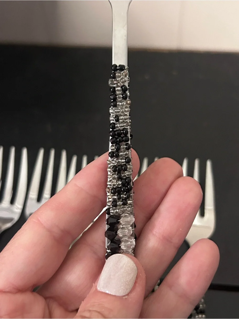 Beaded Handle Dessert Forks - Black and Silver Accent (Set)